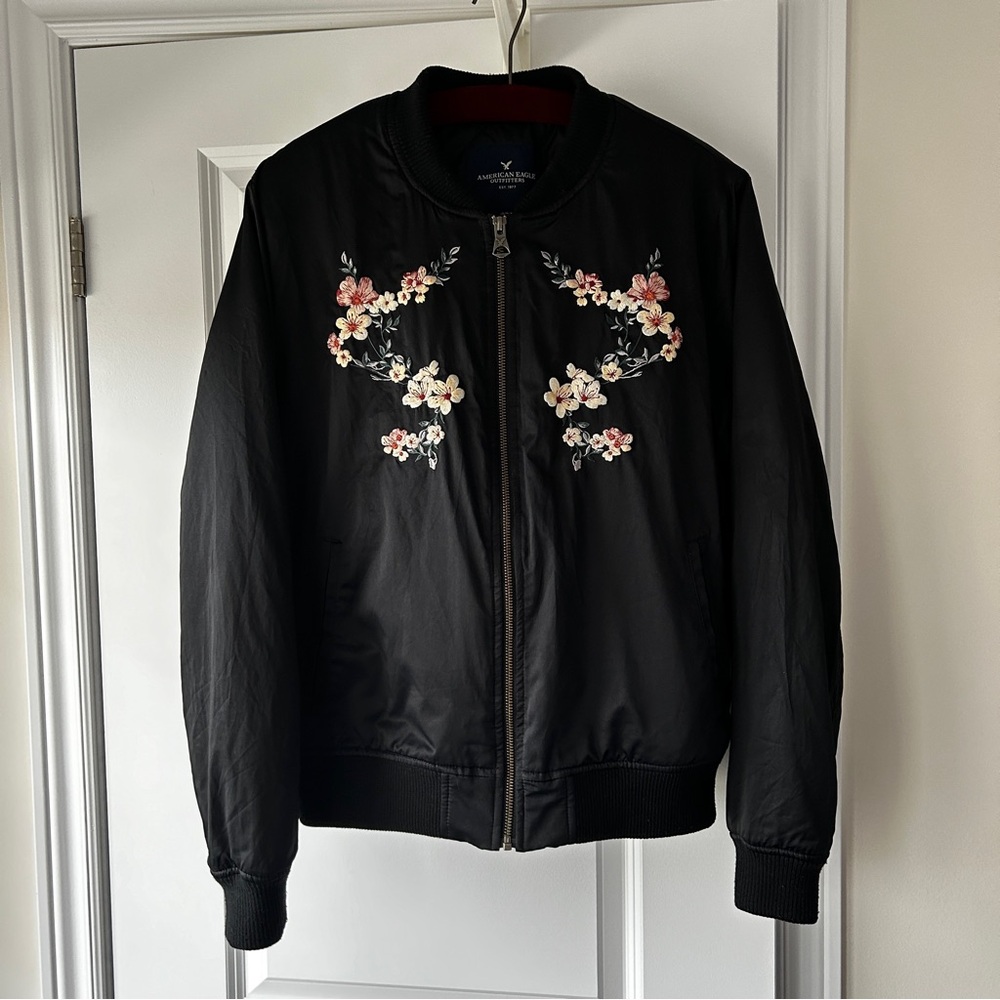 American Eagle Satin Floral Embroidered Black Bomber Jacket Women's Large